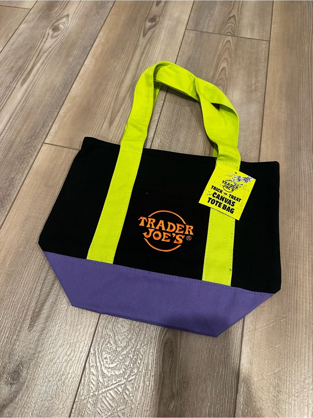 Trader Joe's Black Canvas Tote with Neon Green Straps and Purple Base